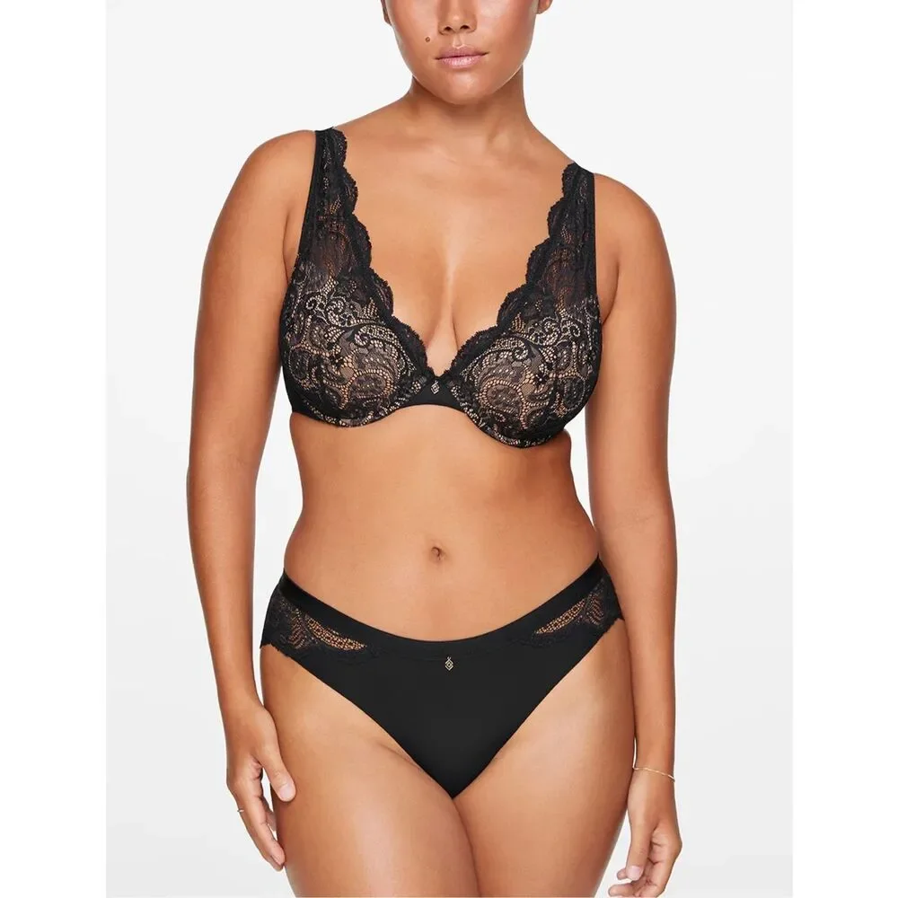 Thirdlove 24/7 Lace Contour Plunge Bra in Black Beige 36F